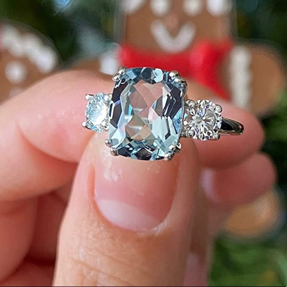 3.36 CTW Cushion Cut Aquamarine Moissanite Ring 925 Sterling Silver 5-9